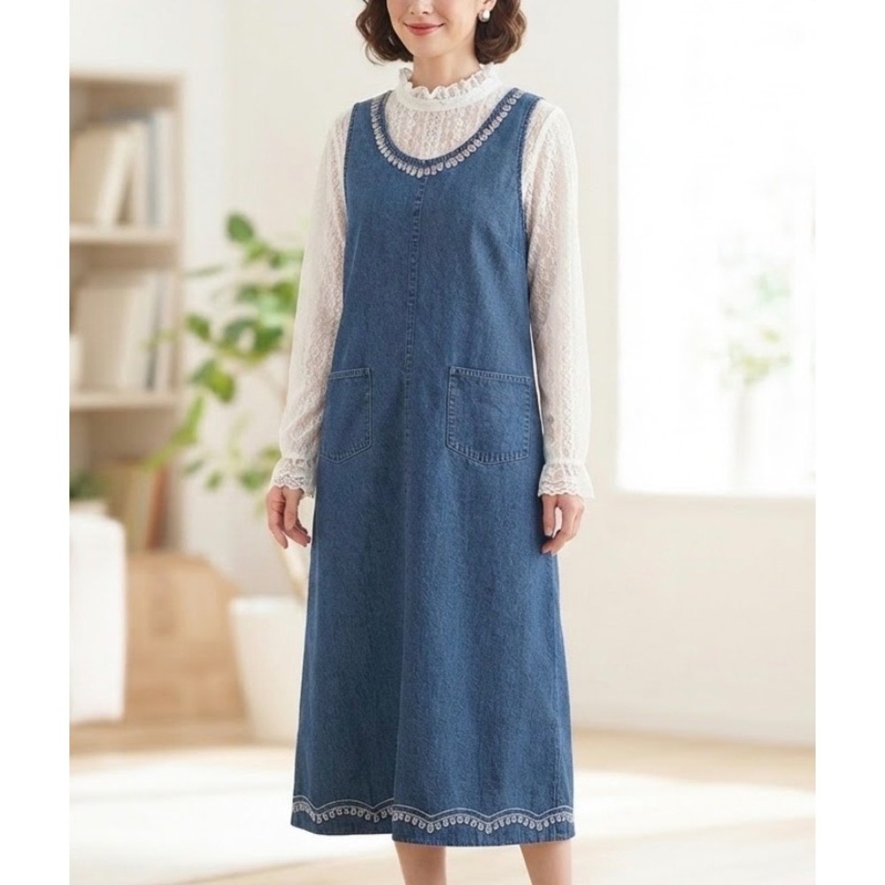Vintage Agapo Blue Denim Embroidered Jumper Dress Medium Wash 90s Pinafore M